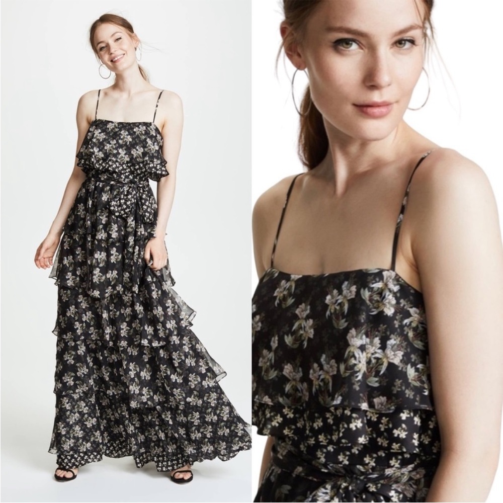 NWT Jill Stuart Kiera floral ruffle tiered gown maxi dress black formal boho - Picture 3 of 12